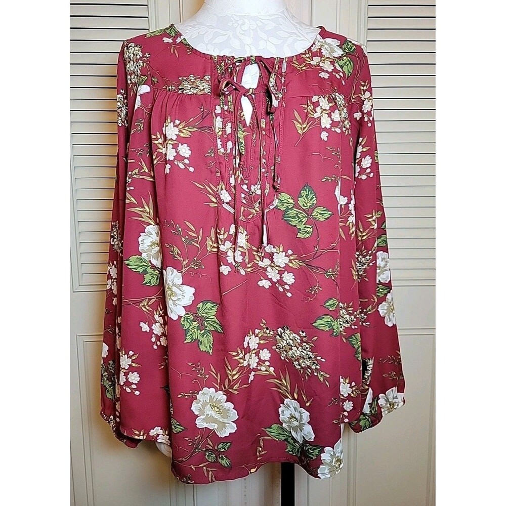 Fever Red Floral Long Sleeve Blouse Top ~ Women's L